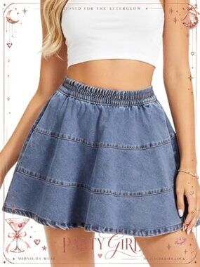High Waist A-Line Denim Mini Skirt Flared Jean Skirt with Pockets